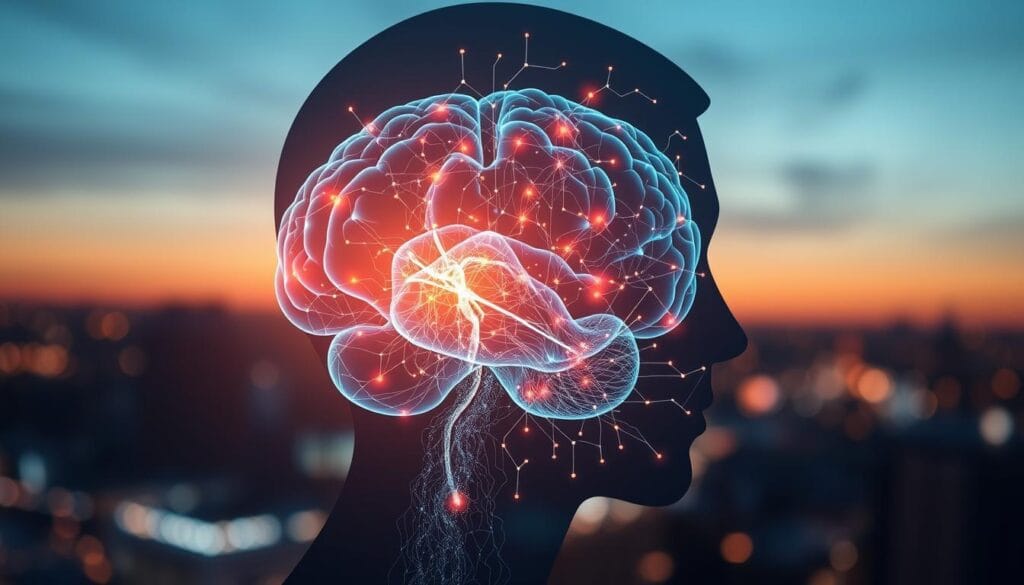 A detailed visualization of artificial intelligence intertwined with the human brain, showcasing a luminous neural network seamlessly merging with a human silhouette. In the foreground, a translucent brain symbolizing human emotion, displayed in warm colors like deep blues and soft golds, representing thought and consciousness. The midground features intricate circuits and digital patterns flowing from the brain, symbolizing AI's logic and reasoning. The background should be a softly blurred cityscape at dusk, enhancing a feeling of connection between technology and humanity. Use soft lighting with highlights to emphasize the dynamic interaction between the two elements, creating an atmosphere of curiosity and contemplation about the relationship between AI and emotions.