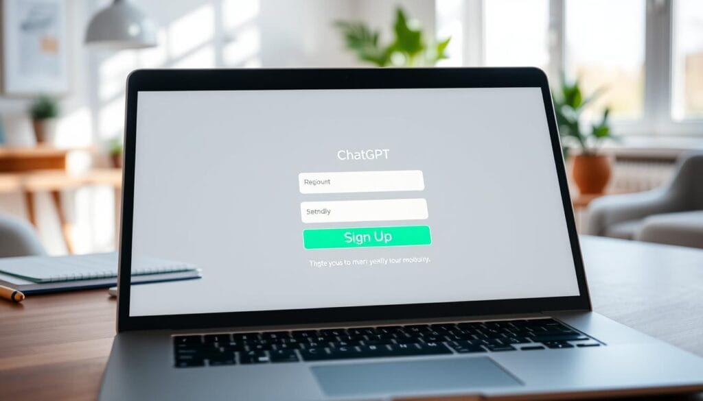 A digital interface displaying the process of creating an account on the ChatGPT platform. In the foreground, a sleek laptop is open with a clear view of the ChatGPT registration page filled with user-friendly fields and a glowing "Sign Up" button. The middle layer features a modern workspace with a tidy desk, a notebook, and a stylish pen, suggesting a professional atmosphere. In the background, soft-focus elements include a brightly lit room with minimalistic decor and plants, creating a warm and inviting vibe. Natural light streams through a window, enhancing the scene's clarity. Overall, the mood is focused and motivating, ideal for inspiring users to start their ChatGPT journey.