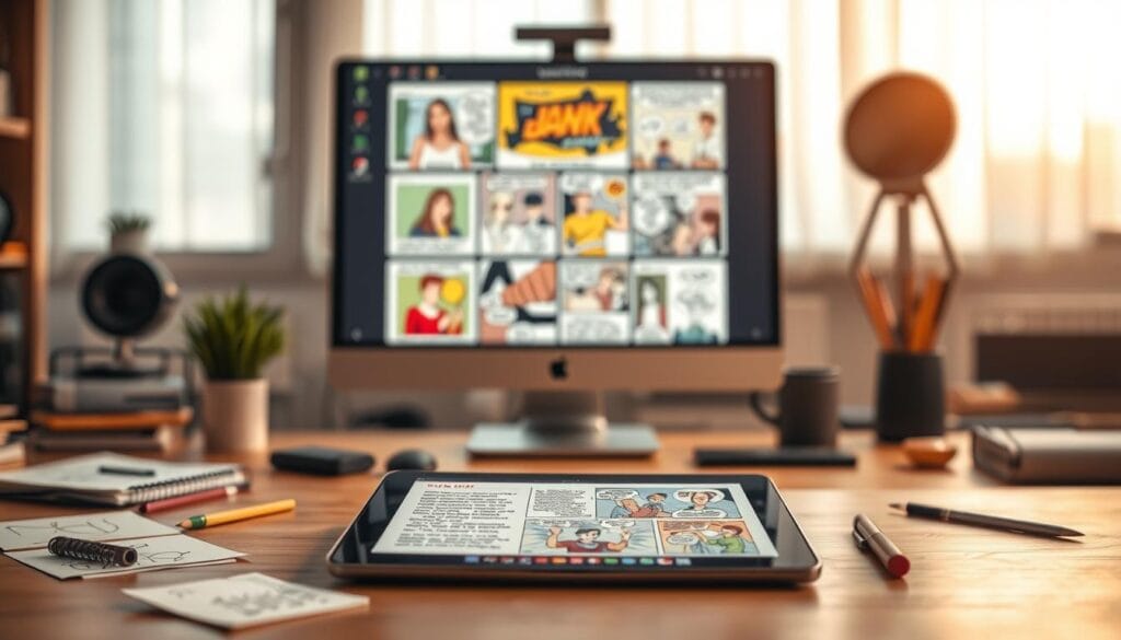 A digital workspace filled with creativity, showcasing various applications that transform text into comic stories. In the foreground, an imaginative tablet displays a colorful comic layout with vibrant illustrations derived from a story. Surrounding it are small sketches and notes, suggesting an artist's brainstorming process. In the middle, a blurred background features a sleek computer monitor displaying several open application windows, showcasing different comic styles and characters. Warm, soft lighting enhances the atmosphere, creating a cozy yet focused vibe. The overall mood is inspiring and innovative, inviting viewers to explore the dynamic world of storytelling through visuals. The scene is free of any text, ensuring a clear focus on the idea of digital transformation of narratives. A digital workspace filled with creativity, showcasing various applications that transform text into comic stories. In the foreground, an imaginative tablet displays a colorful comic layout with vibrant illustrations derived from a story. Surrounding it are small sketches and notes, suggesting an artist's brainstorming process. In the middle, a blurred background features a sleek computer monitor displaying several open application windows, showcasing different comic styles and characters. Warm, soft lighting enhances the atmosphere, creating a cozy yet focused vibe. The overall mood is inspiring and innovative, inviting viewers to explore the dynamic world of storytelling through visuals. The scene is free of any text, ensuring a clear focus on the idea of digital transformation of narratives.