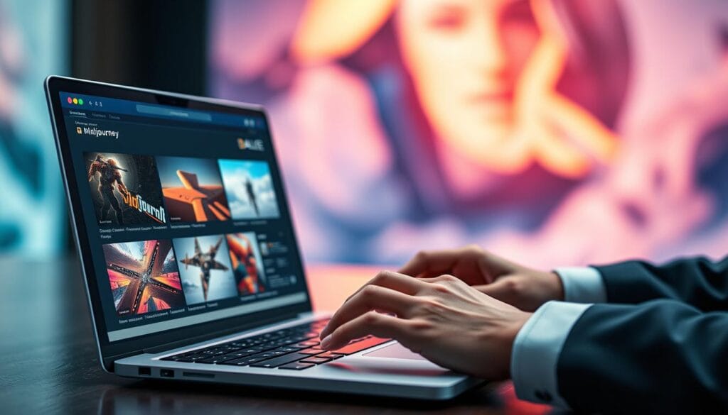 A digital workspace showcasing the power of artificial intelligence in image generation. In the foreground, a sleek laptop displays the interfaces of Midjourney and DALL·E, surrounded by vibrant concept art generated by these platforms. The middle ground features a person's hands, elegantly typing, wearing professional business attire, highlighting a moment of creativity and inspiration. Soft, ambient lighting illuminates the scene, creating a warm, inviting atmosphere. In the background, blurred abstract shapes represent the infinite possibilities of AI art, with a gentle gradient of colors enhancing the mood of innovation and exploration. The overall composition conveys excitement and professionalism in the realm of digital creativity.