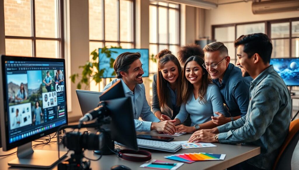 A dynamic creative workspace filled with cutting-edge technology for visual content creation, showcasing a sleek computer with vibrant screens displaying stunning graphics and animations. In the foreground, a diverse group of professionals, wearing smart casual attire, collaborate enthusiastically over a digital project, their expressions reflecting excitement and innovation. The middle ground features creative tools like cameras, lighting equipment, and color swatches, emphasizing a hands-on approach to content generation. In the background, large windows illuminate the space with warm, natural light, creating an inviting atmosphere. The overall mood is inspiring and forward-thinking, highlighting the transformative impact of artificial intelligence in the visual content industry, set in a modern, well-designed studio space.