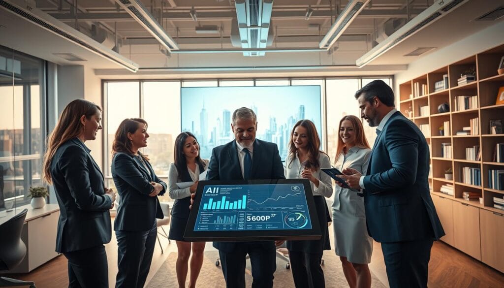 A dynamic office environment showcasing the concept of automated marketing. In the foreground, a diverse team of professionals, dressed in smart business attire, collaborates around a digital tablet displaying graphs and AI algorithms. In the middle, a large screen presents evolving statistics and marketing insights, illuminated by a soft blue light creating a futuristic atmosphere. In the background, a modern office with minimalistic decor, large windows revealing a city skyline, and shelves filled with tech books, emphasizes innovation. The lighting is bright yet warm, creating a productive and inspiring mood. The angle is slightly overhead, giving a clear view of collaboration and technology in action, capturing the importance of automated marketing in the business world.