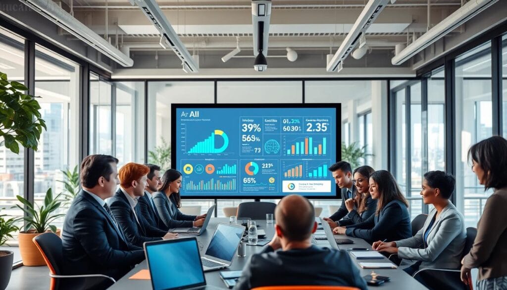 A dynamic office environment showcasing the integration of artificial intelligence in marketing strategies. In the foreground, a diverse group of professionals, dressed in smart business attire, are engaged in a strategy meeting around a table filled with laptops and digital devices. In the middle ground, a large screen displays sophisticated data analytics and AI-driven insights, illustrating audience segmentation and campaign optimization. The background features a bright, modern office space with glass walls, plants, and city views, conveying a sense of innovation. Soft, natural lighting filters through the windows, creating an inviting and collaborative atmosphere, emphasizing the transformative power of AI in enhancing user experience in marketing campaigns.