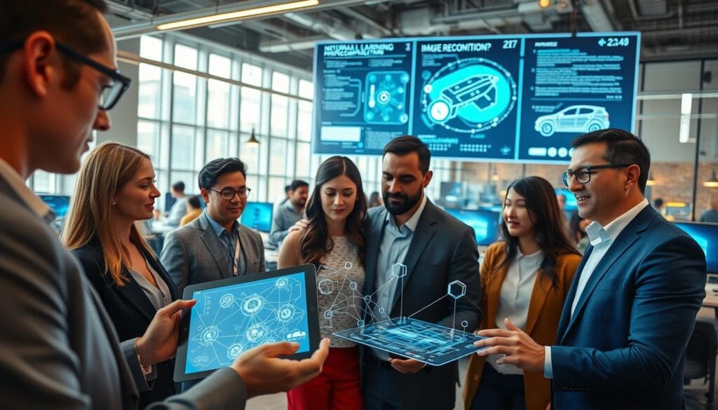 A dynamic portrayal of deep learning applications in a modern tech environment. In the foreground, a diverse group of professionals, including a woman in a smart business suit and a man in a neatly pressed shirt, collaborate over a digital tablet displaying complex neural network diagrams. In the middle ground, sleek computer screens and holographic displays showcase various deep learning applications like natural language processing, image recognition, and autonomous vehicles. The background features a bustling office space with large windows allowing natural light to flood in, creating an inspiring atmosphere. Use a wide-angle lens to capture the vibrancy of teamwork and innovation, with a warm color palette to evoke a sense of optimism and technological progress. A dynamic portrayal of deep learning applications in a modern tech environment. In the foreground, a diverse group of professionals, including a woman in a smart business suit and a man in a neatly pressed shirt, collaborate over a digital tablet displaying complex neural network diagrams. In the middle ground, sleek computer screens and holographic displays showcase various deep learning applications like natural language processing, image recognition, and autonomous vehicles. The background features a bustling office space with large windows allowing natural light to flood in, creating an inspiring atmosphere. Use a wide-angle lens to capture the vibrancy of teamwork and innovation, with a warm color palette to evoke a sense of optimism and technological progress.