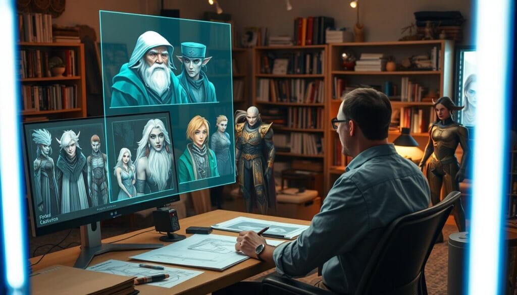 A dynamic scene depicting a diverse group of imaginative characters being developed through AI technology. In the foreground, an artist is seated at a sleek, modern workstation, intently processing AI-generated images on a high-resolution screen, surrounded by concept sketches of fantastical characters. In the middle ground, a holographic display projects a variety of character designs—ranging from a wise old wizard to a fierce sci-fi warrior—showcasing their unique features and intricate details, such as ornate clothing and elaborate accessories. The background features a cozy studio filled with bookshelves and art supplies, lit by warm, ambient lighting. The atmosphere is one of creativity and innovation, with an inspiring blend of technology and artistry, captured from a slightly elevated angle to emphasize the work in progress.