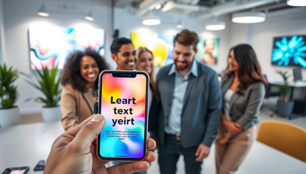 A dynamic scene illustrating mobile applications that convert text to images. In the foreground, a smartphone displays an app interface showcasing vibrant images generated from text prompts. The screen glows with rich colors, drawing attention. In the middle, a diverse group of users, dressed in business casual attire, are engaged in exploring these applications. Their expressions reflect curiosity and inspiration. The background features a modern workspace with soft lighting, plants, and digital art on the walls, creating a creative atmosphere. The scene is well-lit, with a focus on the smartphone's screen, capturing the excitement of transforming text into visual art. The overall mood is innovative and collaborative, highlighting technology's impact on creativity. A dynamic scene illustrating mobile applications that convert text to images. In the foreground, a smartphone displays an app interface showcasing vibrant images generated from text prompts. The screen glows with rich colors, drawing attention. In the middle, a diverse group of users, dressed in business casual attire, are engaged in exploring these applications. Their expressions reflect curiosity and inspiration. The background features a modern workspace with soft lighting, plants, and digital art on the walls, creating a creative atmosphere. The scene is well-lit, with a focus on the smartphone's screen, capturing the excitement of transforming text into visual art. The overall mood is innovative and collaborative, highlighting technology's impact on creativity.