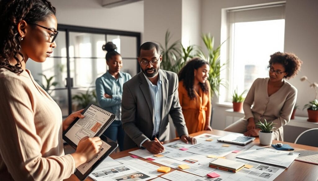 A dynamic workspace featuring a diverse group of five characters brainstorming story ideas for a fictional narrative. In the foreground, a woman of Middle Eastern descent sketches character traits on a digital tablet, while a Black man in business attire takes notes with a focused expression. The middle ground showcases a large table dotted with concept art, character profiles, and colorful sticky notes. A window in the background allows natural light to flood the room, casting soft shadows that create a warm, inviting atmosphere. Potted plants add a touch of freshness. The overall mood is collaborative and creative, embodying the essence of character generation. Capture this scene from a slightly elevated angle, emphasizing the teamwork and energy around character development. A dynamic workspace featuring a diverse group of five characters brainstorming story ideas for a fictional narrative. In the foreground, a woman of Middle Eastern descent sketches character traits on a digital tablet, while a Black man in business attire takes notes with a focused expression. The middle ground showcases a large table dotted with concept art, character profiles, and colorful sticky notes. A window in the background allows natural light to flood the room, casting soft shadows that create a warm, inviting atmosphere. Potted plants add a touch of freshness. The overall mood is collaborative and creative, embodying the essence of character generation. Capture this scene from a slightly elevated angle, emphasizing the teamwork and energy around character development.
