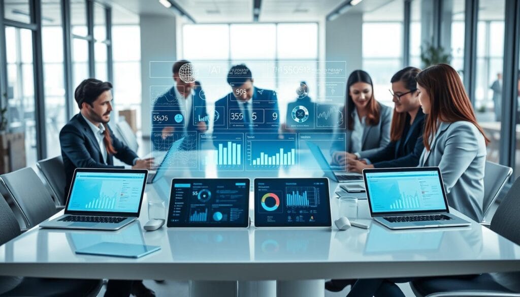 A dynamic workspace illustrating the integration of artificial intelligence in task tracking tools. In the foreground, a diverse group of professionals in smart business attire is collaborating around a sleek modern table with laptops displaying AI-powered task management dashboards. In the middle, digital holograms of task flowcharts and data analytics are hovering above the table, glowing softly. The background features a contemporary office environment with large windows letting in natural light, creating an inviting atmosphere. A subtle blue and white color palette enhances the tech-focused vibe, while a sense of innovation and productivity pervades the scene. The overall mood is one of teamwork, efficiency, and cutting-edge technology, captured with a soft focus to emphasize the central action.