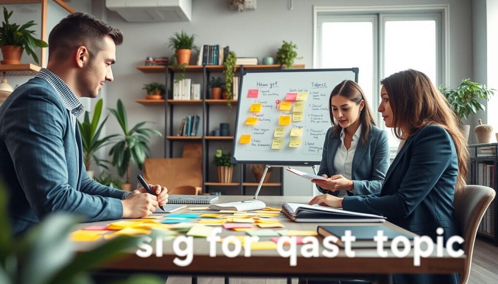 A focused scene illustrating the concept of "choosing the right podcast topic." In the foreground, a diverse group of three individuals—one male and two females, dressed in professional business attire—are gathered around a table filled with colorful sticky notes and notebooks, deep in discussion. In the middle ground, a whiteboard displays various podcast topic ideas, with some highlighted in vibrant colors. The background features a cozy yet modern office space with plants and shelves lined with books about media and storytelling. Bright, natural light floods the room, creating an inviting atmosphere. The angle should capture the energy of brainstorming and creativity, reflecting the collaborative spirit of selecting a podcast theme.