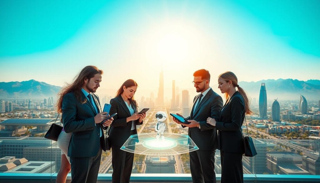 A futuristic city skyline in the Middle East, showcasing advanced technological innovations prominently. In the foreground, a diverse group of professionals, attired in smart business clothing, engage with AI-powered devices and holographic displays. The middle ground features modern architecture with solar panels and greenery integrated seamlessly, symbolizing sustainability. In the background, mountains and clear blue skies reflect a bright future. The scene is illuminated by warm golden hour sunlight creating an uplifting and optimistic atmosphere. Use a wide-angle lens to capture the depth and expanse of the city, ensuring all elements convey a sense of progress in artificial intelligence and technology. A futuristic city skyline in the Middle East, showcasing advanced technological innovations prominently. In the foreground, a diverse group of professionals, attired in smart business clothing, engage with AI-powered devices and holographic displays. The middle ground features modern architecture with solar panels and greenery integrated seamlessly, symbolizing sustainability. In the background, mountains and clear blue skies reflect a bright future. The scene is illuminated by warm golden hour sunlight creating an uplifting and optimistic atmosphere. Use a wide-angle lens to capture the depth and expanse of the city, ensuring all elements convey a sense of progress in artificial intelligence and technology.