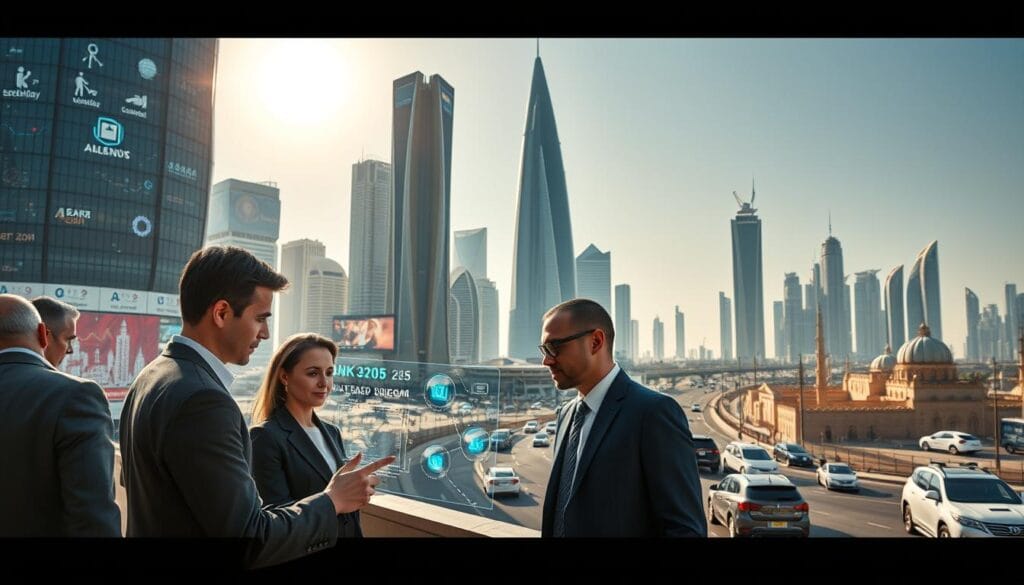 A futuristic cityscape in the Middle East, showcasing advanced technology and artificial intelligence integration. In the foreground, a diverse group of professionals in smart business attire collaborate over holographic displays, analyzing data. The middle section features towering skyscrapers with digital billboards and AI-driven vehicles on the streets, highlighting innovation and growth. In the background, a sunlit skyline displays traditional architecture blending with modern designs, symbolizing cultural heritage and progress. The lighting is bright and inviting, casting soft shadows, and the perspective is slightly elevated to provide a dynamic view of this vibrant ecosystem. The mood is optimistic and inspiring, reflecting the promising technological landscape of the region in 2025. A futuristic cityscape in the Middle East, showcasing advanced technology and artificial intelligence integration. In the foreground, a diverse group of professionals in smart business attire collaborate over holographic displays, analyzing data. The middle section features towering skyscrapers with digital billboards and AI-driven vehicles on the streets, highlighting innovation and growth. In the background, a sunlit skyline displays traditional architecture blending with modern designs, symbolizing cultural heritage and progress. The lighting is bright and inviting, casting soft shadows, and the perspective is slightly elevated to provide a dynamic view of this vibrant ecosystem. The mood is optimistic and inspiring, reflecting the promising technological landscape of the region in 2025.