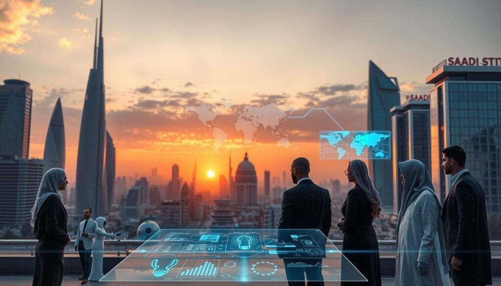 A futuristic cityscape of Saudi Arabia, showcasing a blend of modern architecture and traditional elements, symbolizing the current state of artificial intelligence in healthcare. In the foreground, a diverse group of professionals in business attire engages over a holographic interface displaying health data analytics and AI applications. The middle ground features advanced medical facilities with robotic assistants and digital screens presenting real-time health information. The background captures a sunset sky casting warm orange and purple hues over a skyline of high-tech buildings. The mood is optimistic and innovative, highlighting the integration of technology into healthcare. The composition should be dynamic, with a sharp focus on the professionals and their interactions with technology, conveying a sense of progress and collaboration. A futuristic cityscape of Saudi Arabia, showcasing a blend of modern architecture and traditional elements, symbolizing the current state of artificial intelligence in healthcare. In the foreground, a diverse group of professionals in business attire engages over a holographic interface displaying health data analytics and AI applications. The middle ground features advanced medical facilities with robotic assistants and digital screens presenting real-time health information. The background captures a sunset sky casting warm orange and purple hues over a skyline of high-tech buildings. The mood is optimistic and innovative, highlighting the integration of technology into healthcare. The composition should be dynamic, with a sharp focus on the professionals and their interactions with technology, conveying a sense of progress and collaboration.