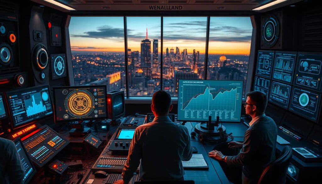 A futuristic control room filled with complex digital interfaces and holographic displays, showcasing intelligent systems and algorithms struggling to align with human values. In the foreground, a diverse group of professionals in business attire intensely analyzes data on large screens, their expressions reflecting concern and determination. The middle ground features intricate machinery, glowing circuits, and floating graphs that visualize discrepancies in AI behavior. In the background, a large window reveals a city skyline at dusk, with a blend of warm and cool lighting casting a contemplative mood. The scene is illuminated by soft, ambient lighting that highlights the tension between technology and ethics, emphasizing the challenges of control and alignment in advanced AI systems.