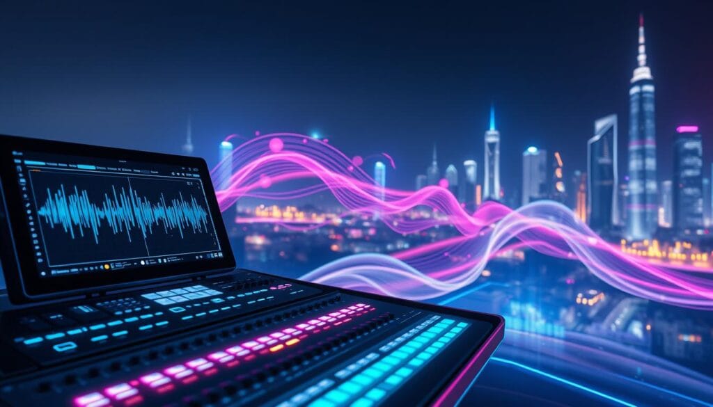 A futuristic digital landscape showcasing the concept of AI-powered music creation. In the foreground, a sleek, modern music workstation with glowing screens and buttons, displaying complex sound waveforms. In the middle ground, an abstract representation of AI algorithms visualized as swirling lines and colorful waves, symbolizing creativity and technology merging. The background features a dynamic city skyline illuminated by soft neon lights, creating a night-time setting that conveys innovation and energy. The overall mood is inspiring and imaginative, with a blend of cool tones and warm light highlights, suggesting the harmony between technology and art. The scene is illuminated with soft, diffused lighting to enhance the ethereal quality.