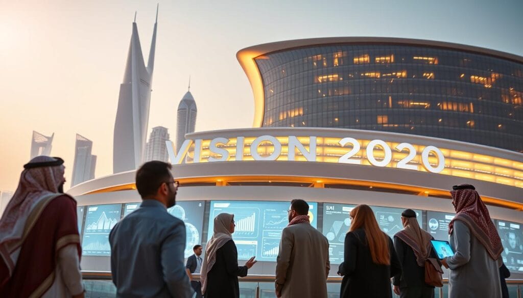A futuristic government building in Saudi Arabia symbolizes "Vision 2030." In the foreground, a diverse group of professionals in business attire engages in discussion, representing collaboration and innovation. The middle layer showcases high-tech digital screens displaying graphs and AI concepts, while in the background, the skyline of Riyadh with modern architecture highlights advancements. Illuminate the scene with bright, energetic lighting to convey optimism. Capture the image from a slight low angle to emphasize the towering structures and the importance of the vision. The atmosphere is dynamic and forward-looking, embodying the commitment of the Saudi government to enhance artificial intelligence and technology integration in society.