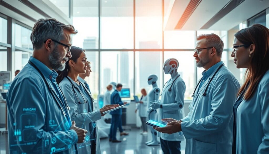 A futuristic healthcare setting showcasing the potential of artificial intelligence in medicine. In the foreground, a diverse group of healthcare professionals in professional attire, engaged in collaborative discussions around advanced digital interfaces and holographic displays. The middle ground features a modern hospital environment with AI-driven diagnostic machines and robotic assistants interacting with patients. In the background, large windows reveal a bright, sunny cityscape, symbolizing progress and innovation. The lighting is bright and uplifting, creating a positive and inspiring atmosphere. The image captures a sense of hope and the transformative power of technology in improving health outcomes. The perspective is slightly elevated, giving a panoramic view of this integrated, high-tech health ecosystem. A futuristic healthcare setting showcasing the potential of artificial intelligence in medicine. In the foreground, a diverse group of healthcare professionals in professional attire, engaged in collaborative discussions around advanced digital interfaces and holographic displays. The middle ground features a modern hospital environment with AI-driven diagnostic machines and robotic assistants interacting with patients. In the background, large windows reveal a bright, sunny cityscape, symbolizing progress and innovation. The lighting is bright and uplifting, creating a positive and inspiring atmosphere. The image captures a sense of hope and the transformative power of technology in improving health outcomes. The perspective is slightly elevated, giving a panoramic view of this integrated, high-tech health ecosystem.