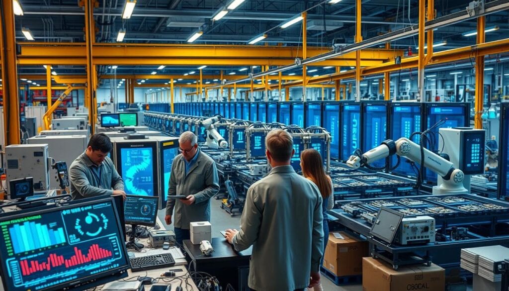 A futuristic industrial scene illustrating smart automation applications in a bustling manufacturing facility. In the foreground, a diverse group of engineers, dressed in professional attire, collaborates around a high-tech workstation displaying dynamic data on screens. The middle ground features robotic arms efficiently assembling products on an automated assembly line, with sensors and AI interfaces integrated throughout. In the background, expansive factory machinery and digital interfaces glow with blue and green lighting, emphasizing a modern and innovative atmosphere. The angle is slightly elevated, capturing the energetic workflow and advanced technology. The mood is one of productivity and cutting-edge progress, reflecting the transformative power of smart automation in industry.