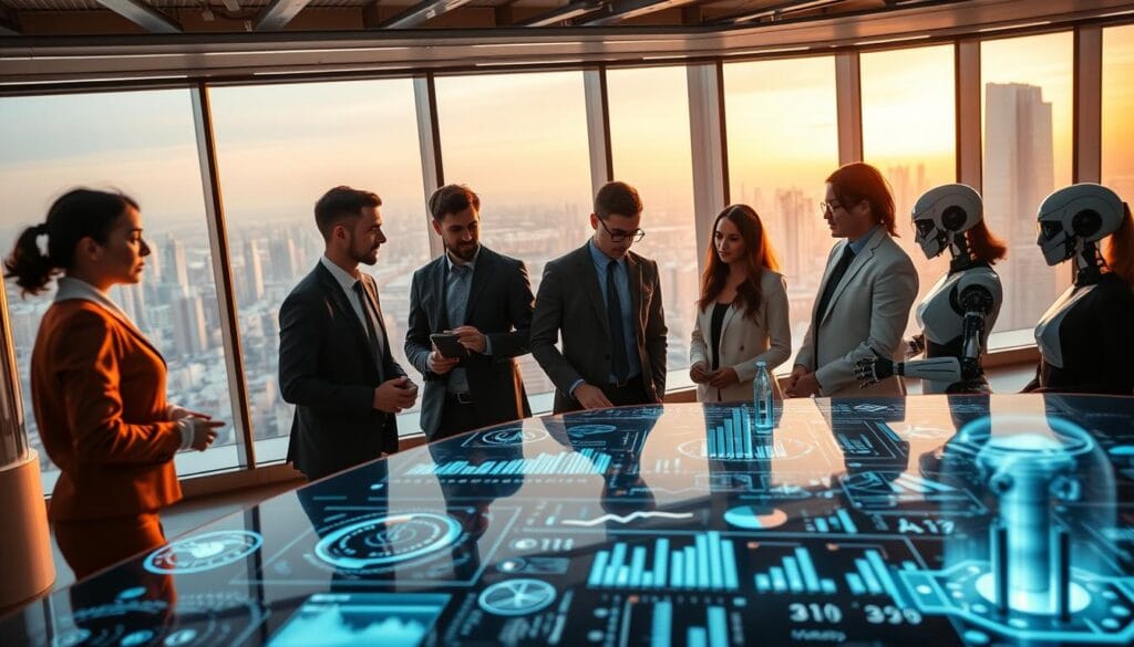 A futuristic office environment featuring advanced AI technologies for data analysis. In the foreground, a group of diverse professionals in business attire are gathered around a sleek digital display, analyzing dynamic graphs and AI-generated insights. The middle ground showcases high-tech holographic interfaces projecting data streams and visual analytics, while robotic assistants enhance the workflow. The background reveals large windows with a panoramic city view, bathed in soft, warm lighting, creating an inviting yet innovative atmosphere. The scene is captured from a low angle to emphasize the professionals' engagement with the technology, reflecting a mood of collaboration and cutting-edge progress in the field of AI for audience analysis and advertising optimization.