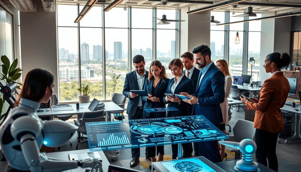 A futuristic office environment filled with diverse professionals collaborating on various technology-driven projects. In the foreground, a group of coworkers, dressed in professional business attire, is engaged in a dynamic discussion over digital tablets and virtual screens displaying data analytics and AI-powered interfaces. The middle ground showcases an open workspace with modern furniture, holographic displays, and robotic assistants organizing materials. In the background, large windows reveal a skyline with innovative architecture and green spaces, symbolizing progress. The lighting is bright and inspirational, with a warm and inviting atmosphere that emphasizes teamwork and technological advancement. Capture the essence of preparedness for future careers in the workforce driven by AI and technology.