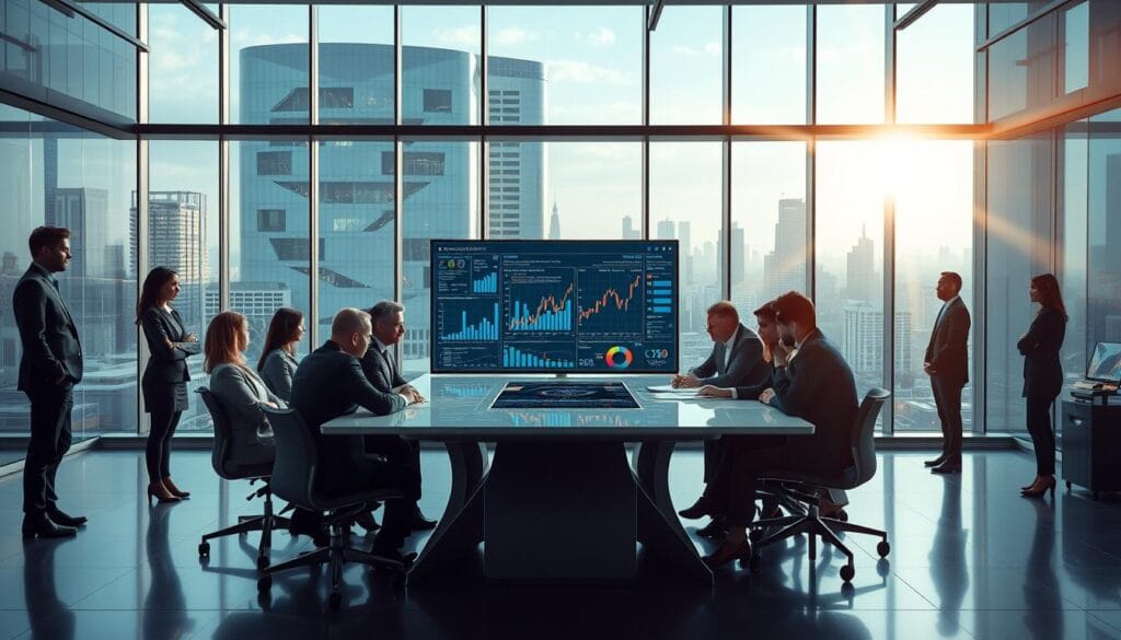 A futuristic office environment highlighting the impact of data quality on system performance. In the foreground, a diverse group of business professionals in smart attire are discussing data analytics insights around a sleek, modern conference table. In the middle, a large digital screen displays vibrant data visualizations and concepts of artificial intelligence, showing graphs and metrics that represent system performance influenced by data quality. The background features a panoramic view of a bustling cityscape through large glass windows, symbolizing innovation and technological advancement. Soft lighting creates a focused atmosphere, accentuating the seriousness of the discussion, while a lens flare adds a dynamic touch to the scene. The overall mood is one of collaboration, professionalism, and forward-thinking ambition.