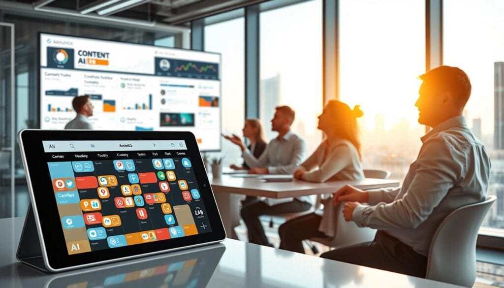 A futuristic office environment showcasing AI content scheduling tools. In the foreground, a sleek digital tablet displays a colorful, interactive calendar with various social media icons, highlighting scheduled content. In the middle, a diverse group of professionals in business attire collaborates around a modern conference table, deep in discussion. One person gestures towards a large screen filled with AI analytics and content strategies. In the background, large windows reveal a city skyline, bathed in warm afternoon sunlight, creating an optimistic atmosphere. The setting is bright and high-tech, capturing the essence of innovation and teamwork in harnessing AI for social media scheduling.