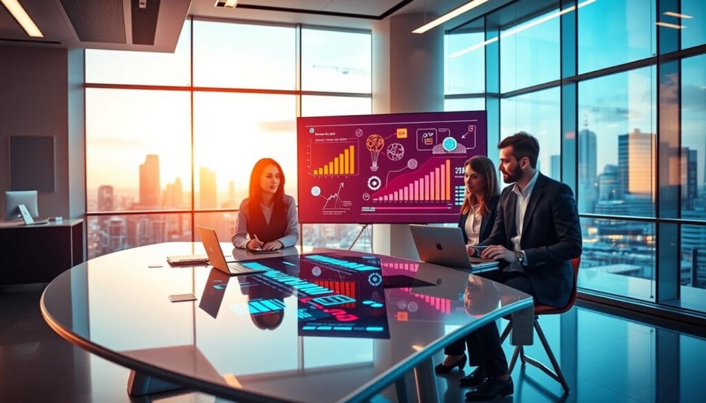 A futuristic office environment showcasing "smart content" creation. In the foreground, a diverse group of three professionals, including a woman in business attire and two men in smart casual clothing, are engaged in a collaborative brainstorming session around a sleek, modern table with laptops and digital tablets. The middle ground features a large digital screen displaying graphs and innovative ideas representing smart content trends, illuminated in bright colors. In the background, large windows allow warm, natural light to flood the space, with city skyline views enhancing the atmosphere of inspiration and creativity. The overall mood is focused yet dynamic, emphasizing the importance of intelligent content in today's digital age.