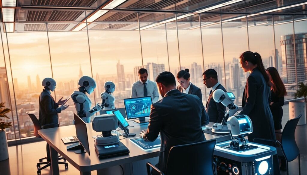 A futuristic office environment showcasing the impact of artificial intelligence on the job market. In the foreground, a diverse group of professionals, dressed in smart business attire, are collaborating around a high-tech table, analyzing data on holographic screens. The middle ground features robots and AI-driven machinery assisting workers, symbolizing the integration of technology and human effort. The background reveals a cityscape with advanced architecture, hinting at a thriving economy influenced by AI developments. Soft, warm lighting illuminates the scene, creating an optimistic atmosphere. Capture the essence of innovation and teamwork, emphasizing a harmonious blend of humans and technology in a modern workplace setting.