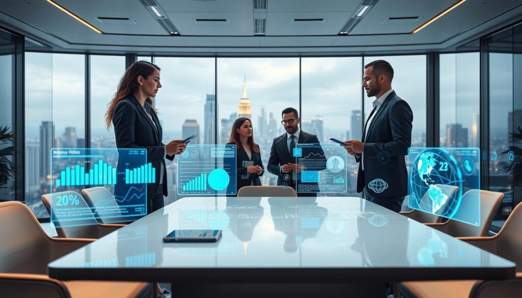 A futuristic office setting showcasing advanced AI-driven content marketing strategies. In the foreground, a diverse group of three professionals in business attire engages with holographic screens displaying analytics, visualizations, and marketing strategies. In the middle ground, a sleek modern conference table with digital devices and AI tools, illustrating collaboration and innovation. The background features a panoramic window revealing a vibrant cityscape, symbolizing growth and opportunity. Soft, ambient lighting enhances the mood of inspiration and creativity, with a dynamic color palette of blues and greens. The scene captures the increasing importance of AI in content marketing, highlighting collaboration and forward-thinking solutions.