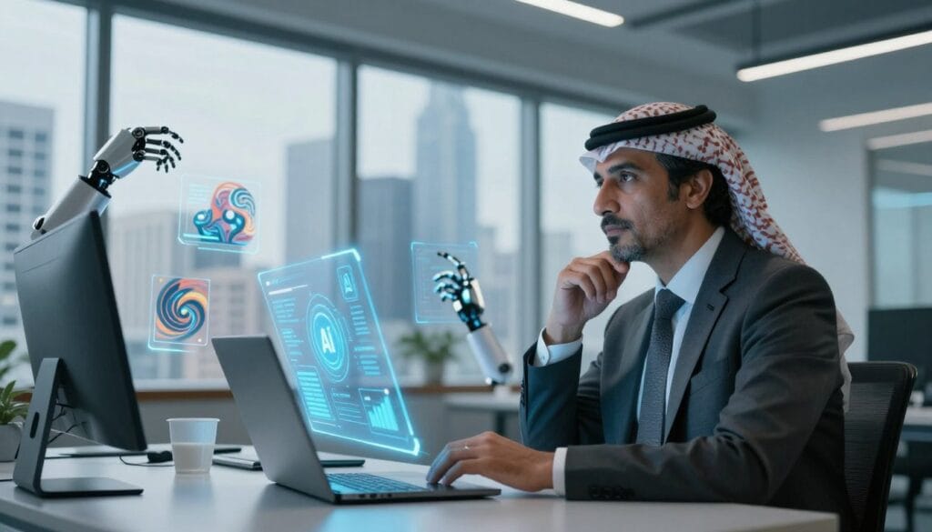 A futuristic office setting with a sleek, modern design. In the foreground, a thoughtful professional in business attire, a middle-aged person of Middle Eastern descent, gazes at a holographic screen displaying complex algorithms and AI symbols. In the middle ground, various AI elements, such as robotic hands and digital art pieces, illustrate the fusion of technology and creativity. The background is filled with a large window revealing a vibrant city skyline, symbolizing innovation and progress. Soft blue and white lighting creates a calm, reflective atmosphere, enhancing the sense of wonder and curiosity about the impact of artificial intelligence on human creativity. The angle is slightly tilted to emphasize the futuristic design elements and create a dynamic perspective.