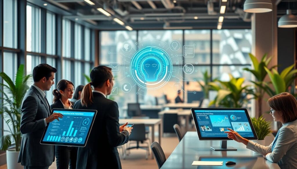 A futuristic office space illustrating user experience enhancement through artificial intelligence. In the foreground, a diverse group of professionals in business attire engages with advanced touch-screen interfaces displaying intuitive app designs and data analytics. In the middle ground, a sleek AI-powered digital assistant visually represents data processing, with dynamic visuals showcasing user interaction and feedback loops. The background features a modern workspace filled with soft, ambient lighting, large windows allowing natural light, and greenery that creates a calming atmosphere. The image captures a collaborative scene, emphasizing innovation and professionalism, while conveying a sense of optimism towards technology's role in improving user experiences on websites. A futuristic office space illustrating user experience enhancement through artificial intelligence. In the foreground, a diverse group of professionals in business attire engages with advanced touch-screen interfaces displaying intuitive app designs and data analytics. In the middle ground, a sleek AI-powered digital assistant visually represents data processing, with dynamic visuals showcasing user interaction and feedback loops. The background features a modern workspace filled with soft, ambient lighting, large windows allowing natural light, and greenery that creates a calming atmosphere. The image captures a collaborative scene, emphasizing innovation and professionalism, while conveying a sense of optimism towards technology's role in improving user experiences on websites.