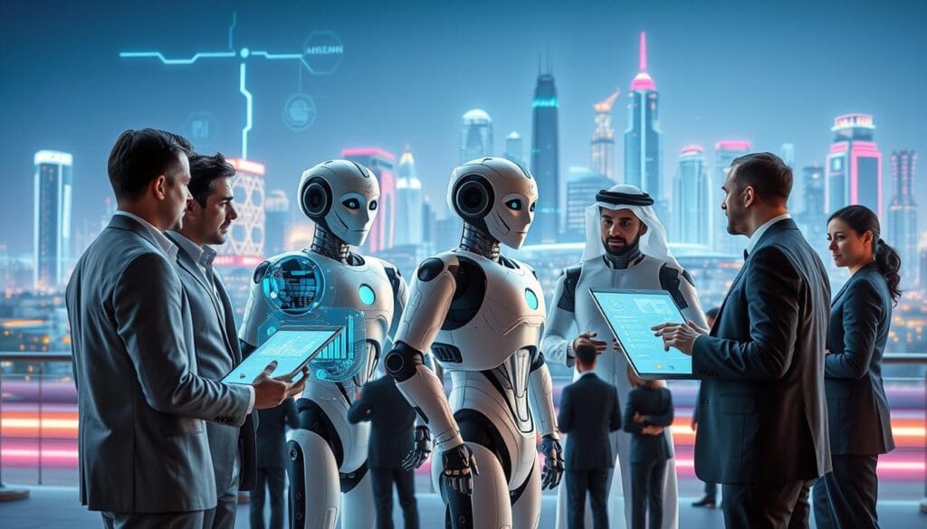 A futuristic scene depicting digital transformation in the Middle East, showcasing advanced robotics technology. In the foreground, a diverse group of professionals in business attire engaged in discussions, analyzing robotic prototypes and high-tech devices. The middle ground features sleek humanoid robots interacting with digital interfaces, surrounded by holographic displays of data analytics and AI visuals. The background reveals a modern city skyline with innovative architecture and vibrant neon lights, symbolizing progress and connectivity. The lighting is bright and dynamic, with a slight blue tint to convey a high-tech atmosphere. The overall mood is one of optimism and collaboration, highlighting the current state of robotics in Arab countries.