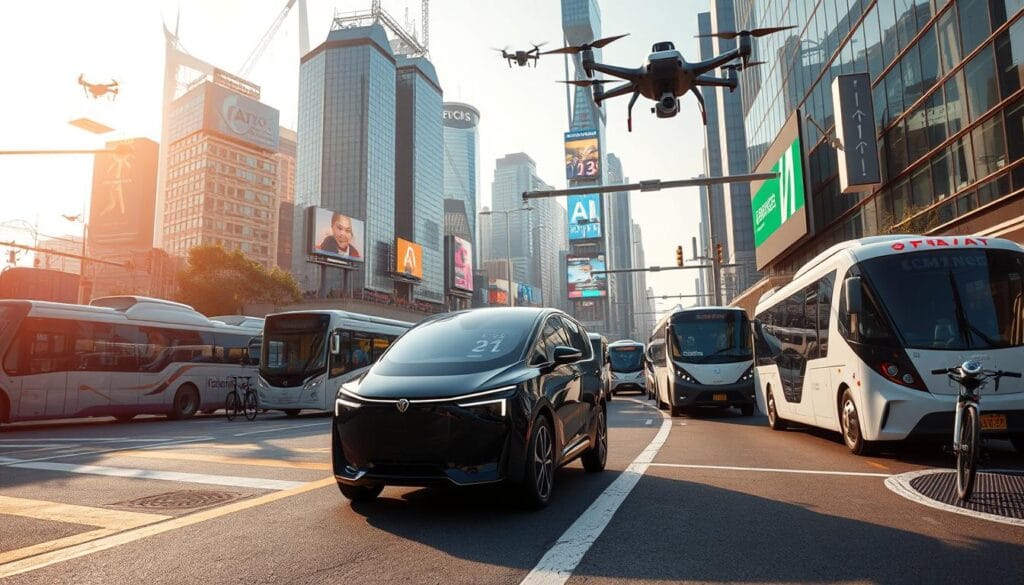 A futuristic urban transportation scene illustrating the impact of artificial intelligence on transit systems. In the foreground, a sleek, autonomous electric vehicle with a modern design showcases smart technology features, such as interactive displays and sensors. The middle ground features a vibrant city street bustling with a mix of public transport options like AI-driven buses and bikes, integrating seamlessly into the environment. In the background, high-tech skyscrapers and digital billboards enhance the atmosphere, with drones flying overhead, conveying a sense of innovation and progress. The lighting is bright and dynamic, capturing a busy daytime vibe, with reflections on the vehicle surfaces adding depth. The overall mood is one of excitement and forward-thinking, emphasizing the transformative role of AI in modern transportation.