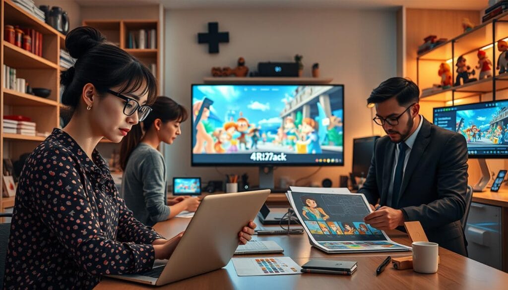 A futuristic workspace featuring a diverse team of professionals collaborating on anime and cartoon video production using artificial intelligence. In the foreground, a woman with glasses is intently analyzing animated characters on her sleek laptop, while a man in business casual attire sketches storyboards on a digital tablet. The middle ground showcases a large screen displaying vibrant animated scenes, indicating the integration of AI technology. The background features shelves filled with art supplies, colorful characters, and monitors showing AI algorithms at work. Soft, warm lighting creates an inviting and creative atmosphere, with an emphasis on innovation and teamwork in the world of digital animation. The scene captures a dynamic blend of technology and creativity, highlighting the role of AI in content creation.