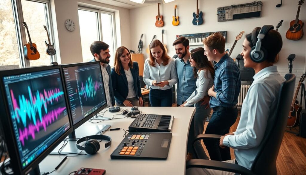 A futuristic workspace focused on AI music composition. In the foreground, a sleek computer desk with multiple monitors displaying music composition software and vibrant sound wave visuals. A pair of professional headphones and a MIDI keyboard are also present. In the middle, a diverse group of individuals, dressed in smart casual attire, collaborate around the desk, discussing ideas passionately. Their expressions are focused and inspired. The background features a cozy but modern room with soft lighting, large windows letting in natural light, and musical instruments like a guitar and synths adorning the walls. The overall atmosphere is innovative and creative, embodying the synergy between technology and music in a warm, inviting setting. A futuristic workspace focused on AI music composition. In the foreground, a sleek computer desk with multiple monitors displaying music composition software and vibrant sound wave visuals. A pair of professional headphones and a MIDI keyboard are also present. In the middle, a diverse group of individuals, dressed in smart casual attire, collaborate around the desk, discussing ideas passionately. Their expressions are focused and inspired. The background features a cozy but modern room with soft lighting, large windows letting in natural light, and musical instruments like a guitar and synths adorning the walls. The overall atmosphere is innovative and creative, embodying the synergy between technology and music in a warm, inviting setting.