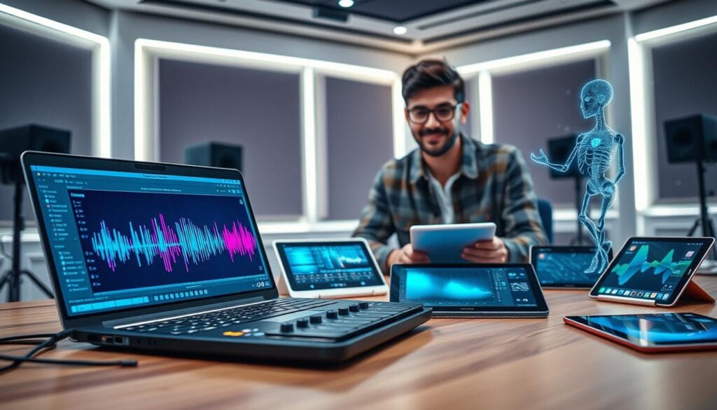 A futuristic workspace showcasing AI tools for music production. In the foreground, a sleek laptop displays an intuitive music software interface, with colorful sound wave patterns emitting from the screen. To the side, a compact MIDI controller with illuminated keys lies on a wooden desk, surrounded by digital tablets featuring music composition applications. In the middle ground, a friendly, professional-looking individual in modest casual clothing interacts with a virtual AI music assistant, depicted as a holographic figure, providing guidance. The background reveals a modern, well-lit room filled with soundproofed walls and soft LED lighting, creating a creative and inspiring atmosphere. The overall mood is lively yet focused, emphasizing innovation in music production through AI technology.