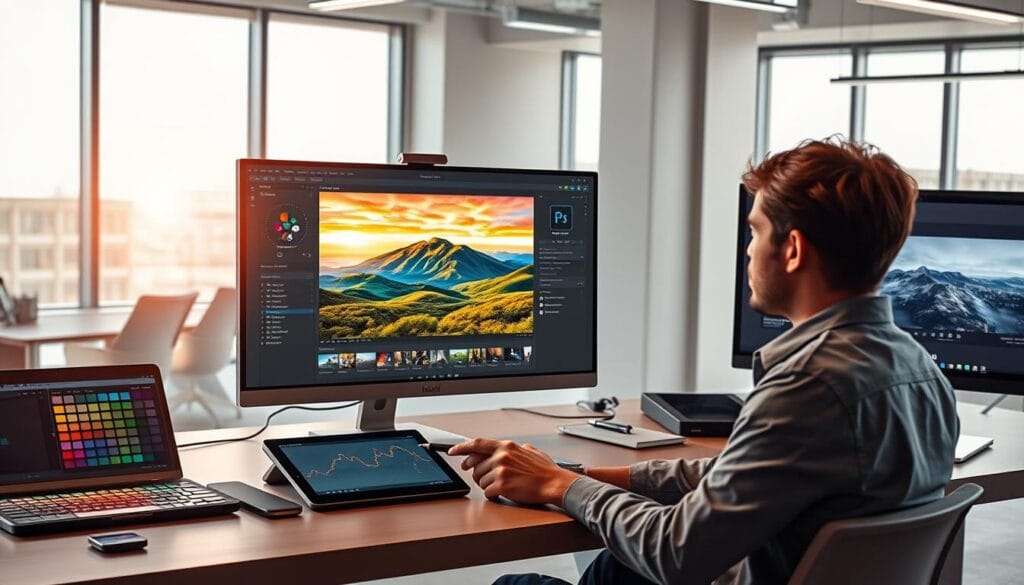A futuristic workspace showcasing Adobe Photoshop's AI capabilities, featuring a sleek computer screen displaying a vibrant landscape image being enhanced with advanced editing tools. In the foreground, a digital artist, dressed in smart casual attire, intently focuses on the screen, using a stylus. The middle ground reveals an organized desk with a graphic tablet, color palettes, and Lightroom open on another screen, hinting at seamless integration between applications. The background displays an airy, modern office with large windows allowing natural light to illuminate the space, creating a bright and inspiring atmosphere. The mood conveys creativity, innovation, and professionalism, emphasizing the transformative power of AI in image creation. The scene captures a sense of excitement and forward-thinking in digital artistry.