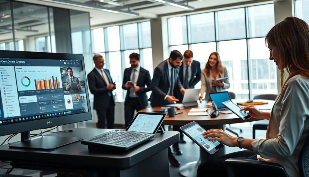 A futuristic workspace showcasing advanced AI content creation tools. In the foreground, a sleek, high-tech computer with a vibrant screen displaying a content creation dashboard. Next to it, an array of digital devices like tablets and smartphones with open applications for design and writing. In the middle ground, a diverse group of professionals dressed in smart business attire, collaborating enthusiastically around a round table filled with notes and digital devices. The background features a modern office environment with large windows allowing natural light to pour in, creating an inviting atmosphere. Use soft ambient lighting to enhance the focus on the technology and teamwork, captured from a slightly elevated angle to provide depth and perspective.