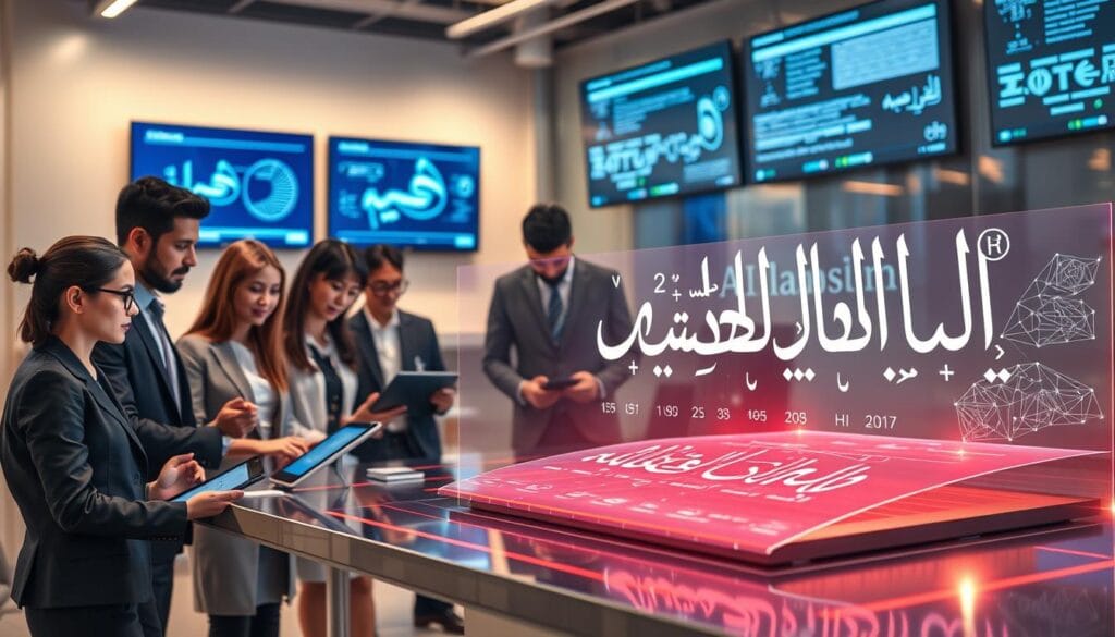 A futuristic workspace showcasing technological advancements in Arabic writing. In the foreground, a diverse group of professionals, dressed in smart business attire, collaborates over innovative writing tools, such as digital tablets and smart pens. In the middle ground, a sleek, modern desk with a holographic display illustrates Arabic calligraphy in motion, infused with AI-generated suggestions. The background features wall-mounted screens displaying algorithms and text analytics, with soft ambient lighting enhancing the atmosphere of creativity and innovation. The scene captures a sense of collaboration and forward-thinking, set in a contemporary office environment that reflects the promising future of Arabic writing tools in 2025.