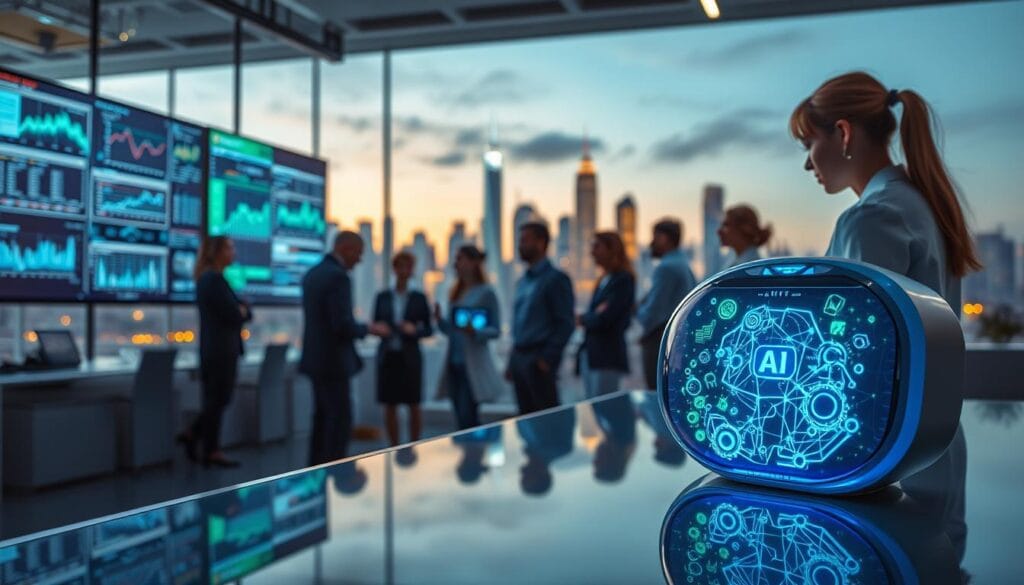 A futuristic workspace showcasing the concept of artificial intelligence. In the foreground, a sleek, modern device displaying intricate AI algorithms and data visualization, reflecting vibrant colors of blue and green. The middle ground features a diverse group of individuals in professional business attire, engaged in collaboration, analyzing data on large screens filled with graphs and AI technology insights. In the background, a city skyline illuminated by a dusk sky, symbolizing technological advancement and innovation. The scene is well-lit with soft, ambient lighting that creates a productive atmosphere, highlighting a sense of excitement and opportunity. Capture the essence of rapid growth and the transformative impact of AI tools in a vibrant, dynamic setting.