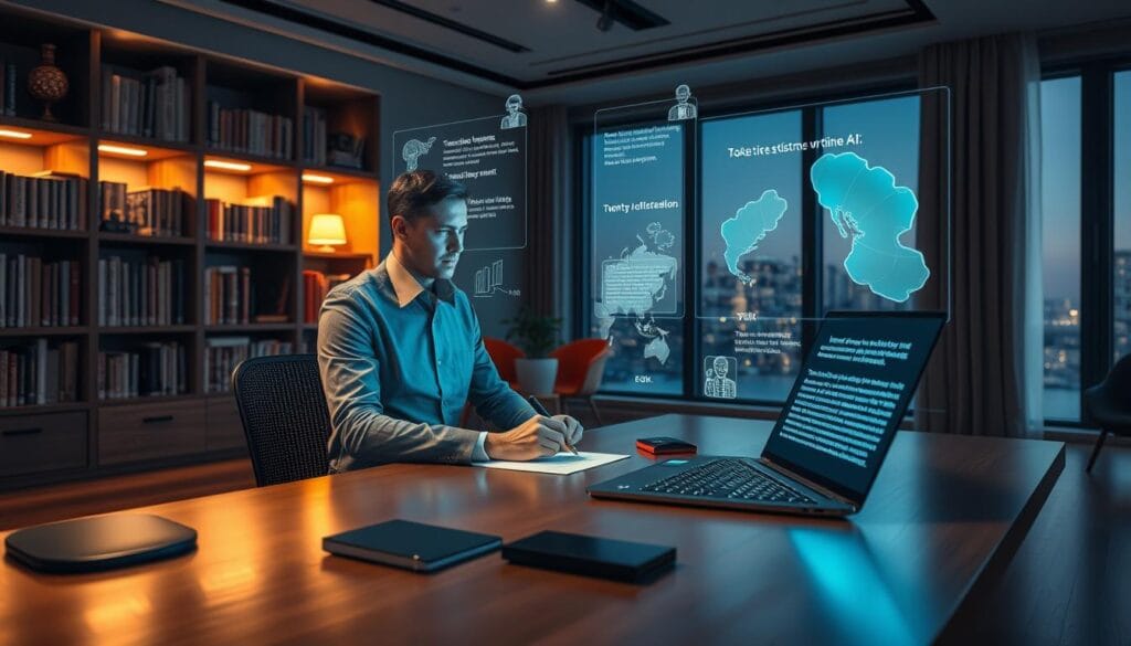 A futuristic writing environment where an AI system assists in story creation. In the foreground, a sleek, modern desk is equipped with a high-tech computer displaying glowing text and story elements. There is a professional writer in smart casual attire, immersed in thought, their fingers hovering over the keyboard. In the middle ground, holographic projections of characters and plot outlines float above the desk, illustrating the creative process. The background features a cozy, well-lit room with bookshelves filled with classic literature and a large window showing a serene cityscape. Soft, warm lighting bathes the scene, creating an inspiring and imaginative atmosphere, perfect for a blend of technology and storytelling.