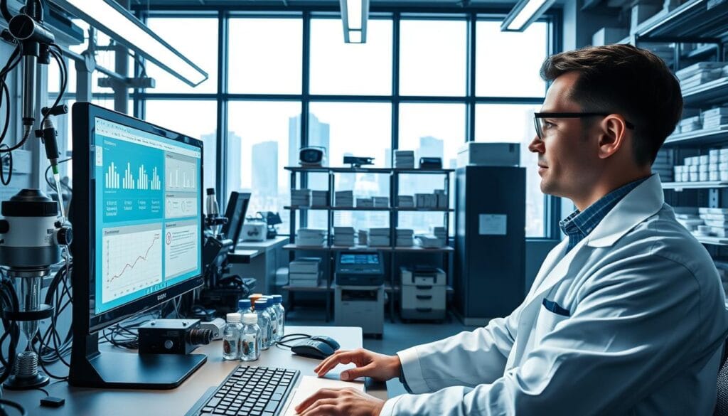 A high-tech workspace showcasing advanced quality control processes. In the foreground, a professional wearing a lab coat analyzes data on a sleek computer screen, surrounded by intricate machinery and samples under bright, focused LED lights. The middle ground features shelves filled with precision instruments and quality assurance documentation. In the background, large windows allow soft natural light to stream in, illuminating a futuristic cityscape. The atmosphere is one of innovation and meticulousness, with a cool color palette of blues and greys conveying professionalism and efficiency. Capture the essence of advanced transactions and technical standards for enhanced quality and precision.