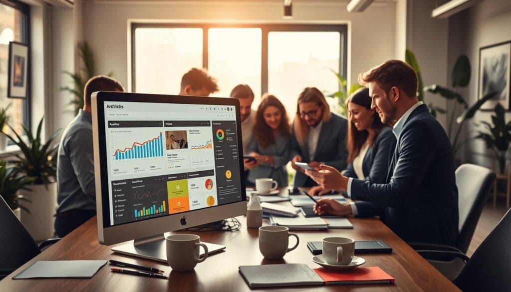 A modern and intuitive workspace showcasing the integration of artificial intelligence in social media marketing scheduling. In the foreground, a sleek computer screen displays vibrant analytics and scheduling tools, surrounded by professional stationery and coffee cups. In the middle, a diverse group of professionals in smart casual attire collaborate over digital devices, analyzing data and discussing strategies. The background features a large window with natural light flooding the room, casting soft shadows and creating an inviting atmosphere. The setting is a contemporary office space with plants and art on the walls, evoking a sense of creativity and productivity. The focus is on teamwork and the innovative use of technology in marketing, with a bright and optimistic mood.