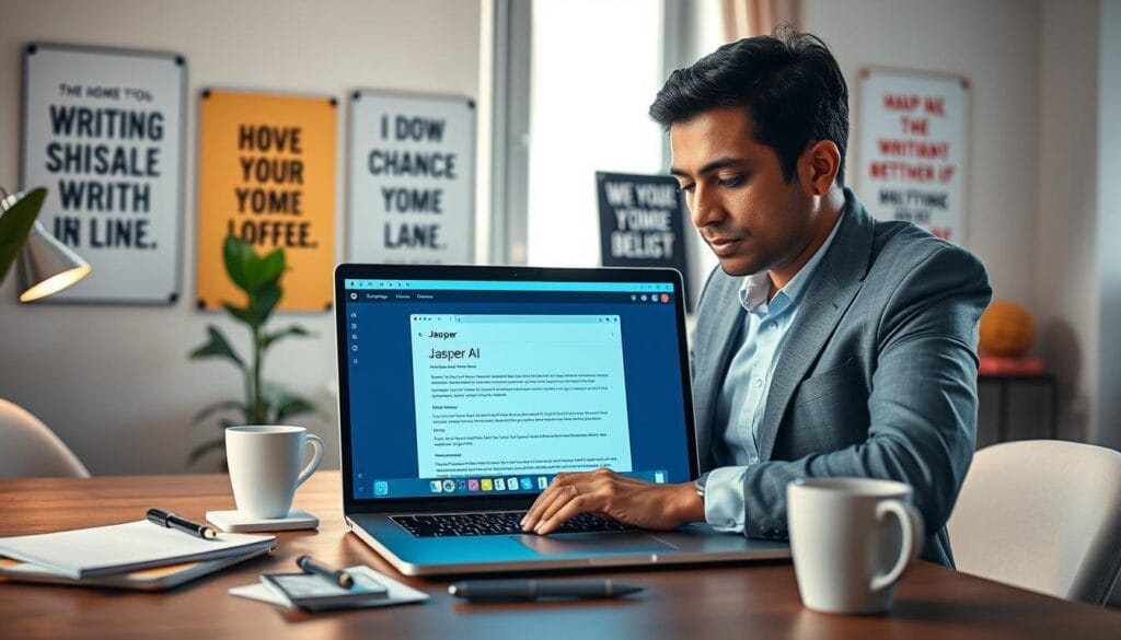 A modern and sleek workspace featuring a high-tech laptop displaying the Jasper AI writing tool interface. In the foreground, a person of South Asian descent, dressed in professional business attire, intently engages with the screen, with an expression of concentration and creativity. The middle layer includes a stylish desk cluttered with a notepad, a pen, and a coffee cup, enhancing the creative atmosphere. In the background, a softly lit room with motivational posters related to writing and creativity, and a large window letting in natural light, creating a warm ambiance. The overall mood is inspiring and professional, suggesting innovation in content creation. Soft, diffused lighting highlights the scene, captured from a slightly elevated angle for depth.