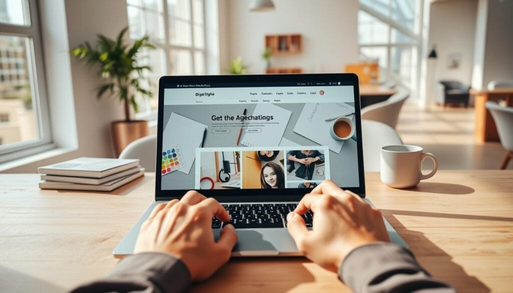 A modern blog design workspace featuring a sleek laptop open to a beautiful, user-friendly website layout. In the foreground, a pair of hands, dressed in professional casual attire, are typing on the laptop. The middle layer shows an assortment of design tools like a color palette, sketches, and a coffee cup. The background consists of a bright, airy office with large windows allowing natural sunlight to illuminate the space, enhancing the inviting atmosphere. The desk is clutter-free, promoting focus and creativity. Soft shadows create a warm, inspiring mood, perfect for attracting visitors to a blog. The camera angle is slightly above, capturing both the laptop screen and surrounding workspace.