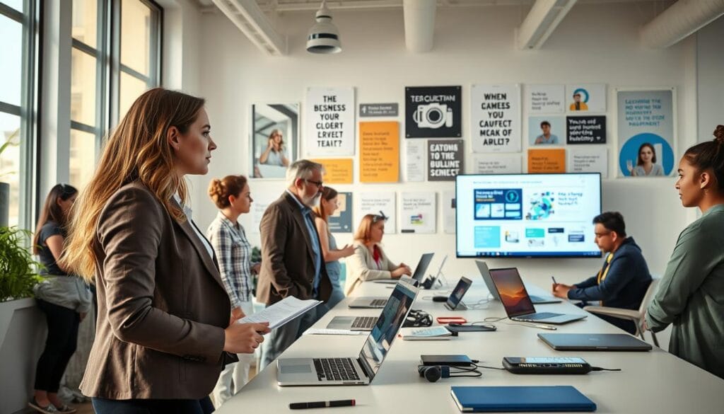 A modern, bright workspace featuring a diverse group of individuals engaged in a technical training session. In the foreground, a young woman in smart casual attire is attentively watching a digital presentation on a large screen, while a middle-aged man beside her takes notes. In the middle, a long table is strewn with laptops, interactive devices, and educational materials. The background showcases a wall filled with motivational posters about technology and learning. Soft, natural lighting filters through large windows, creating a warm and inviting atmosphere. The angle captures the dynamism of the learning environment, with a slight tilt to emphasize engagement. Overall, the mood is one of enthusiasm and collaborative learning in a contemporary setting. A modern, bright workspace featuring a diverse group of individuals engaged in a technical training session. In the foreground, a young woman in smart casual attire is attentively watching a digital presentation on a large screen, while a middle-aged man beside her takes notes. In the middle, a long table is strewn with laptops, interactive devices, and educational materials. The background showcases a wall filled with motivational posters about technology and learning. Soft, natural lighting filters through large windows, creating a warm and inviting atmosphere. The angle captures the dynamism of the learning environment, with a slight tilt to emphasize engagement. Overall, the mood is one of enthusiasm and collaborative learning in a contemporary setting.