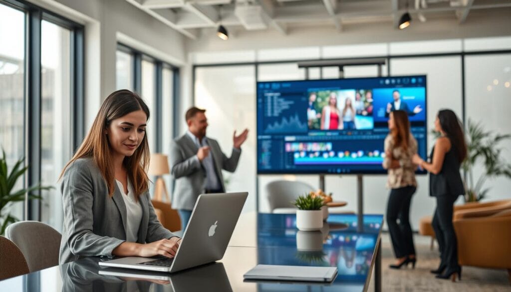 A modern creative workspace featuring a diverse group of professionals engaged in a collaborative environment. In the foreground, a focused woman in smart casual attire operates a laptop, showcasing the Runway ML interface on the screen with vibrant visual content. To her side, a man in a sharp business suit is gesturing enthusiastically, discussing ideas with a colleague. In the middle ground, a large digital display shows dynamic video editing tools and colorful graphics, symbolizing the creative process of generating and editing visual content. The background is filled with large windows allowing natural light to flood the space, creating an inviting atmosphere. Soft, diffused lighting enhances the mood, while a sleek, modern interior design suggests innovation and creativity, emphasizing a professional vibe.