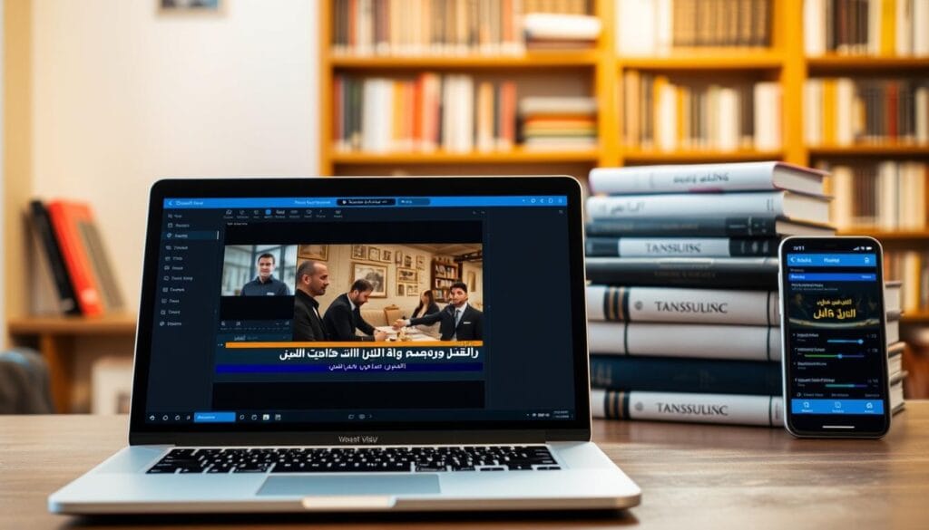 A modern digital workspace featuring a laptop and a video editing interface, displaying an Arabic subtitle overlay on a still frame from a video. In the foreground, there is a sleek laptop with a vibrant screen displaying the editing software, showing Arabic text being added to the video. The middle ground includes a stacked tablet and smartphone, also with translation apps open, emphasizing technology in translation. In the background, shelves filled with books on language and translation create an academic feel. Soft, warm lighting creates a welcoming atmosphere, with a slight bokeh effect to emphasize the devices in focus. The scene embodies innovation and accessibility in video translation tools.