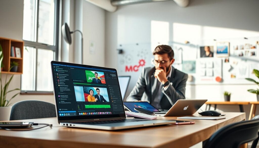 A modern digital workspace featuring high-tech video editing tools, with a focus on Arabic video production enhanced by AI technology. In the foreground, showcase sleek, innovative editing software interfaces on a laptop, with vibrant colors and user-friendly features displayed on the screen. The middle ground includes a professional individual, dressed in smart casual attire, thoughtfully working with the software while surrounded by various digital devices like tablets and smartphones. In the background, a bright workspace filled with whiteboards, brainstorming notes, and creative graphics hinting at flexibility in design. Soft, natural lighting streams in from a window, creating an inspiring atmosphere conducive to creativity and productivity. The scene emphasizes ease of use and design versatility.