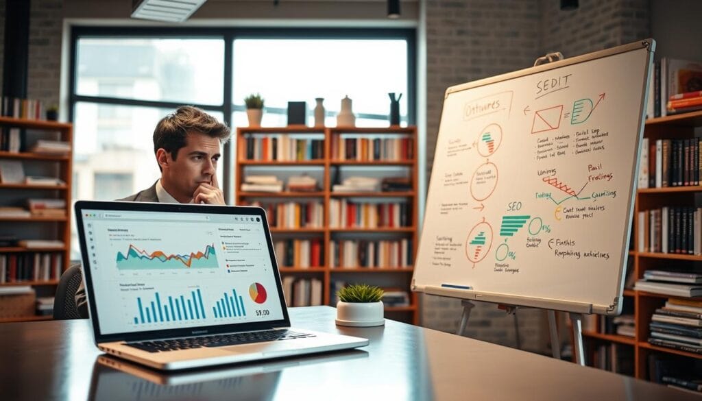A modern digital workspace representing the impact of SEO optimization on website performance. In the foreground, a sleek laptop displays graphs and analytics dashboards indicating improved search rankings. To the left, a focused professional in business attire analyzes the data with a thoughtful expression, while to the right, a whiteboard illustrates SEO strategies with colorful diagrams. The middle ground features a large window with soft natural light streaming in, casting a warm glow over the scene. In the background, shelves filled with books on digital marketing and technology reflect an atmosphere of knowledge and growth. The overall mood is motivational and professional, emphasizing the importance of SEO for online success, with a focus on teamwork and learning.