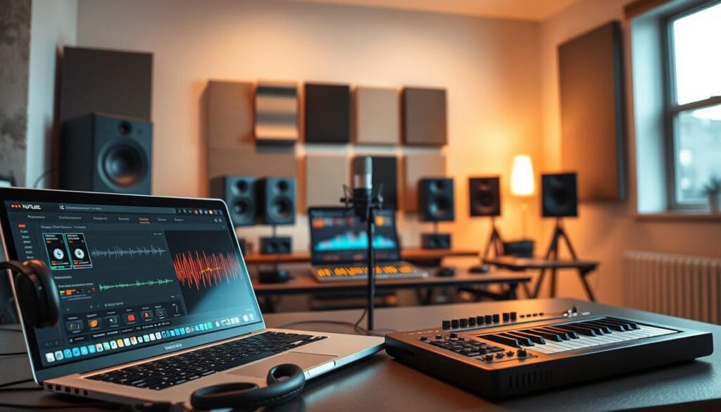A modern digital workspace showcasing a vibrant music production scene for YouTube. In the foreground, a sleek laptop with music production software visibly displaying various audio tracks, surrounded by high-quality headphones and a MIDI keyboard. The middle ground features an organized desk with colorful sound wave visualizations and a microphone set up for recording. In the background, a wall decorated with acoustic panels enhances the sound production's professional atmosphere. Soft, warm lighting illuminates the space, creating an inviting and creative mood. A hint of natural light streams through a nearby window, casting gentle shadows that add depth to the scene. Overall, the image embodies the essence of producing engaging background music for YouTube content creators. A modern digital workspace showcasing a vibrant music production scene for YouTube. In the foreground, a sleek laptop with music production software visibly displaying various audio tracks, surrounded by high-quality headphones and a MIDI keyboard. The middle ground features an organized desk with colorful sound wave visualizations and a microphone set up for recording. In the background, a wall decorated with acoustic panels enhances the sound production's professional atmosphere. Soft, warm lighting illuminates the space, creating an inviting and creative mood. A hint of natural light streams through a nearby window, casting gentle shadows that add depth to the scene. Overall, the image embodies the essence of producing engaging background music for YouTube content creators.
